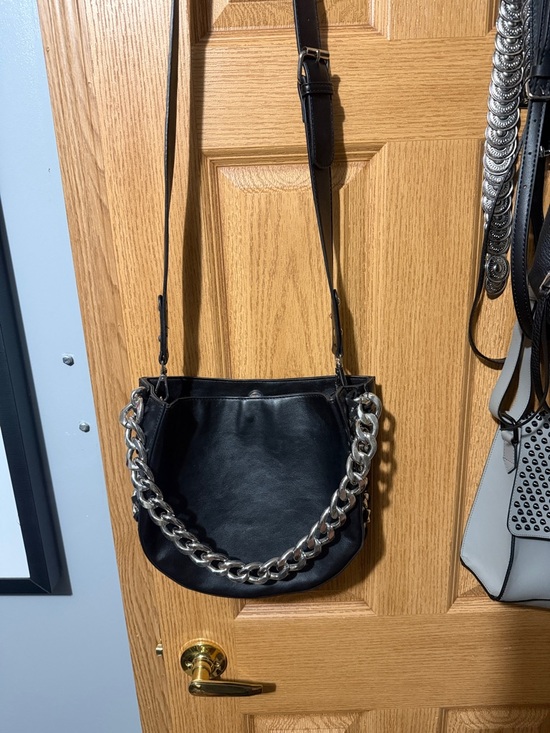 T.J.Maxx Handbags - Black Leather Crossbody Bag with Silver Chain Accent